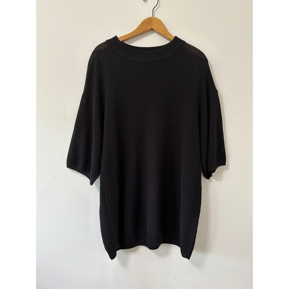 Free People Beach Oversized Knit Sweater Top Black Short Sleeve Linen Blend S/P